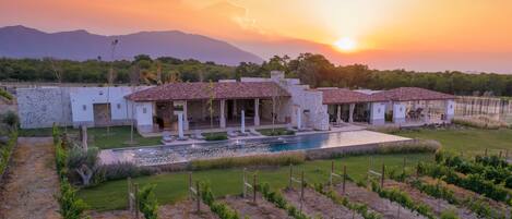 Outdoor pool, pool umbrellas, sun loungers