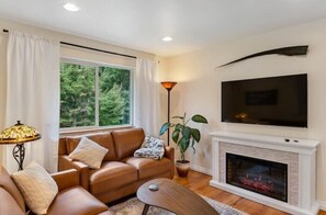 Smart TV, chimenea, libros, monitor de computadora