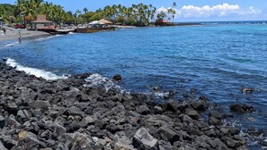 A rocky beach with clear blue water, palm trees, and a few buildings in the background. - Seahorse Luxury Suite at Seaspray Ocean View (Kahaluu-Keauhou)