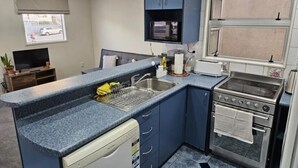 Cocina compacta con lavavajillas incorporado, estufa y microondas.
