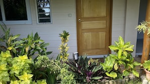 Uma casa com porta de madeira, telhado de palha e um jardim com diversas plantas.
