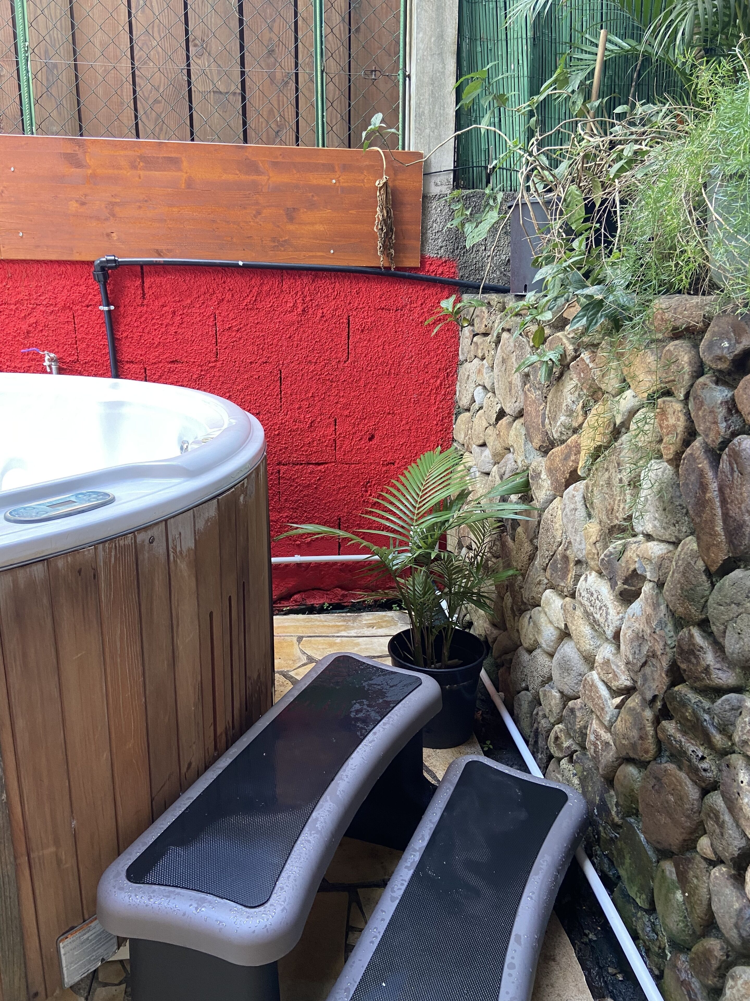 Un jacuzzi con escalones, una pared roja y una pared de piedra con plantas.