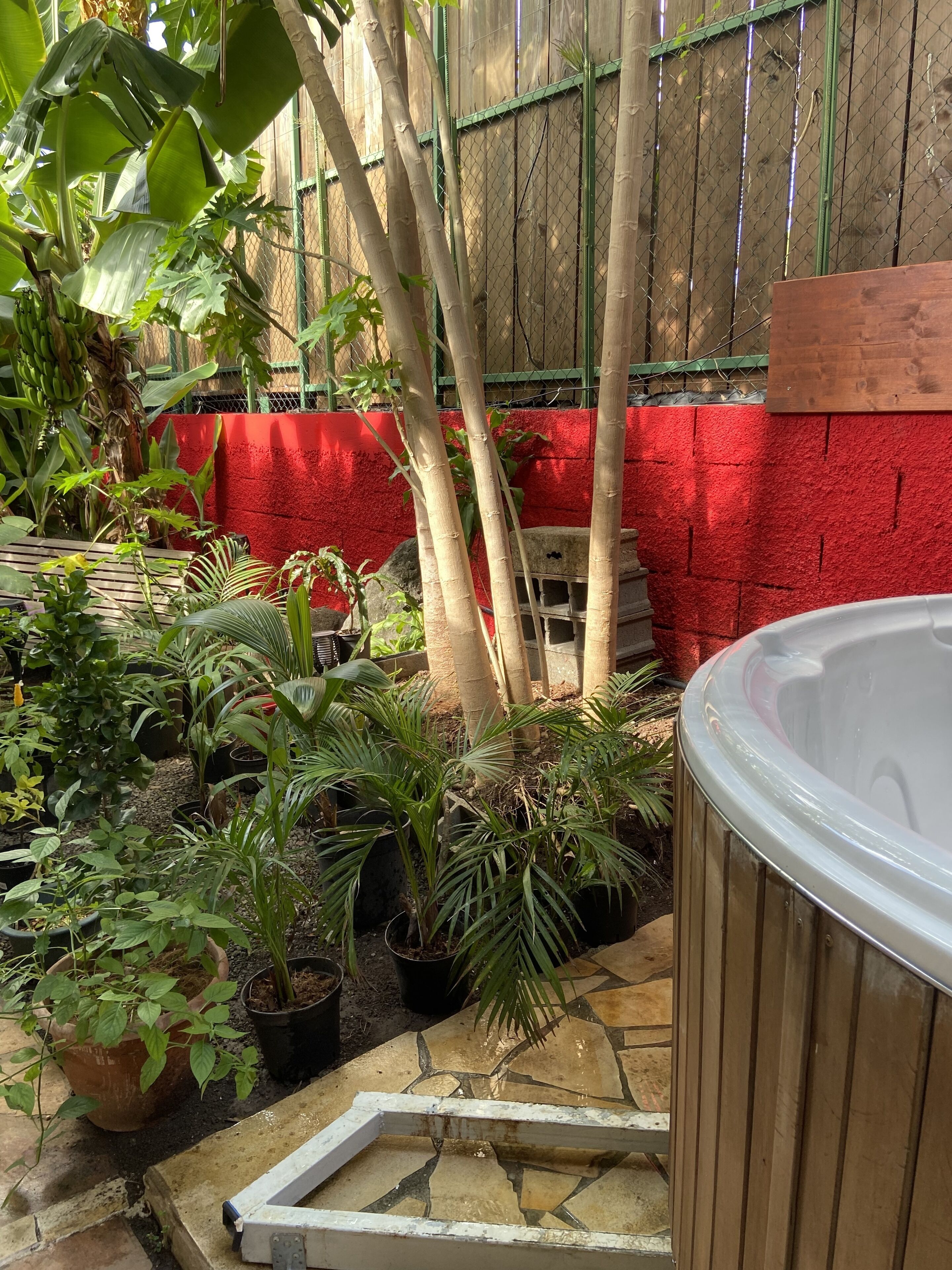 A hot tub surrounded by potted plants and a red brick wall.