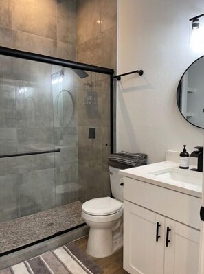 Hair dryer, towels, soap, shampoo