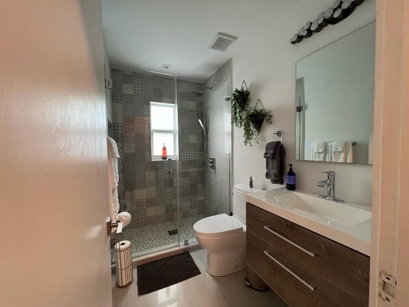 Hair dryer, towels, soap, toilet paper