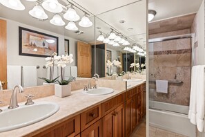 Combined shower/tub, hair dryer, towels