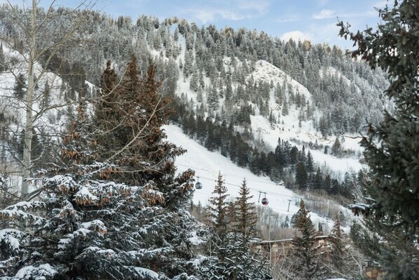 A snowy mountain landscape with a ski lift and dense forest.