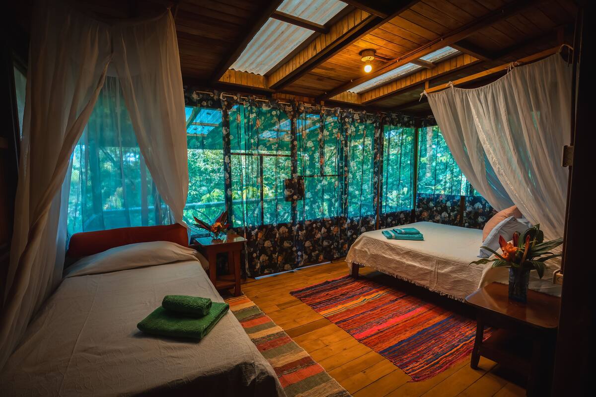 A room with two beds, a wooden floor, and a large window with curtains.
