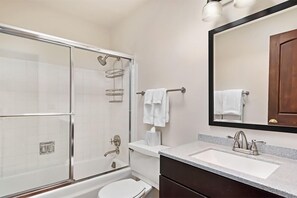 Combined shower/tub, hair dryer