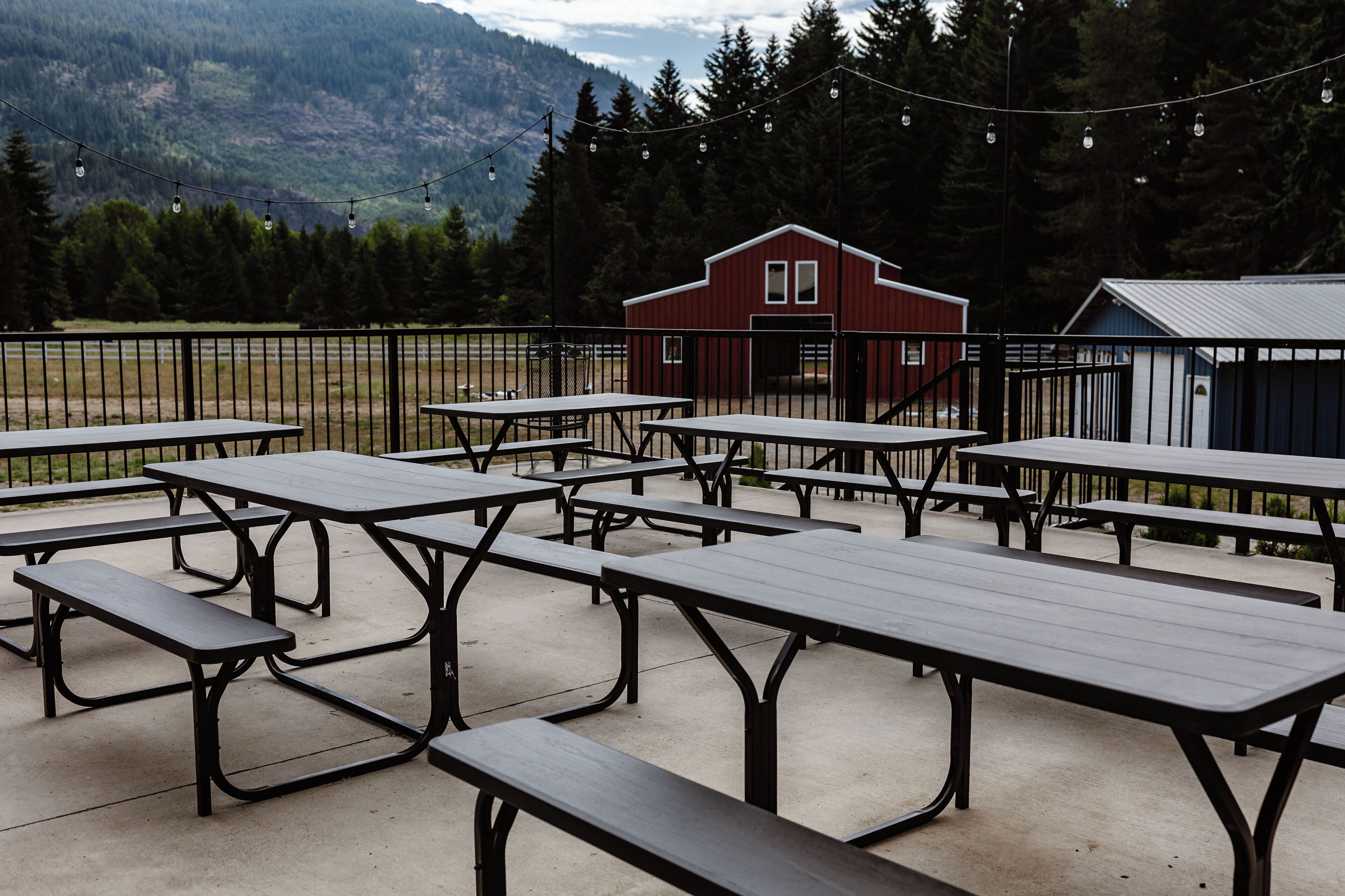Outdoor picnic tables arranged in rows with a red building and a blue shed in the background.