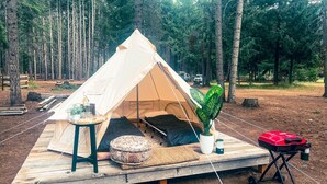 A tent set up in a forest with a table, a potted plant, and a grill. - Silver Ridge Ranch (Easton)