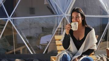 A person sitting on a wooden deck in front of a geodesic dome structure.