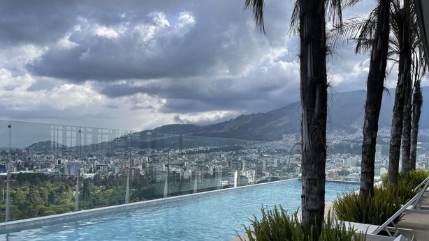 An infinity pool with a city view, palm trees, and lounge chairs. - Modern studio with parking - Murphy bed (Quito)