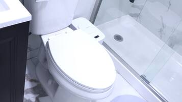 Hair dryer, towels, soap, toilet paper