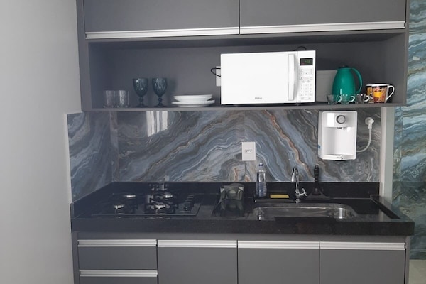 Full-size fridge, blender, cookware/dishes/utensils