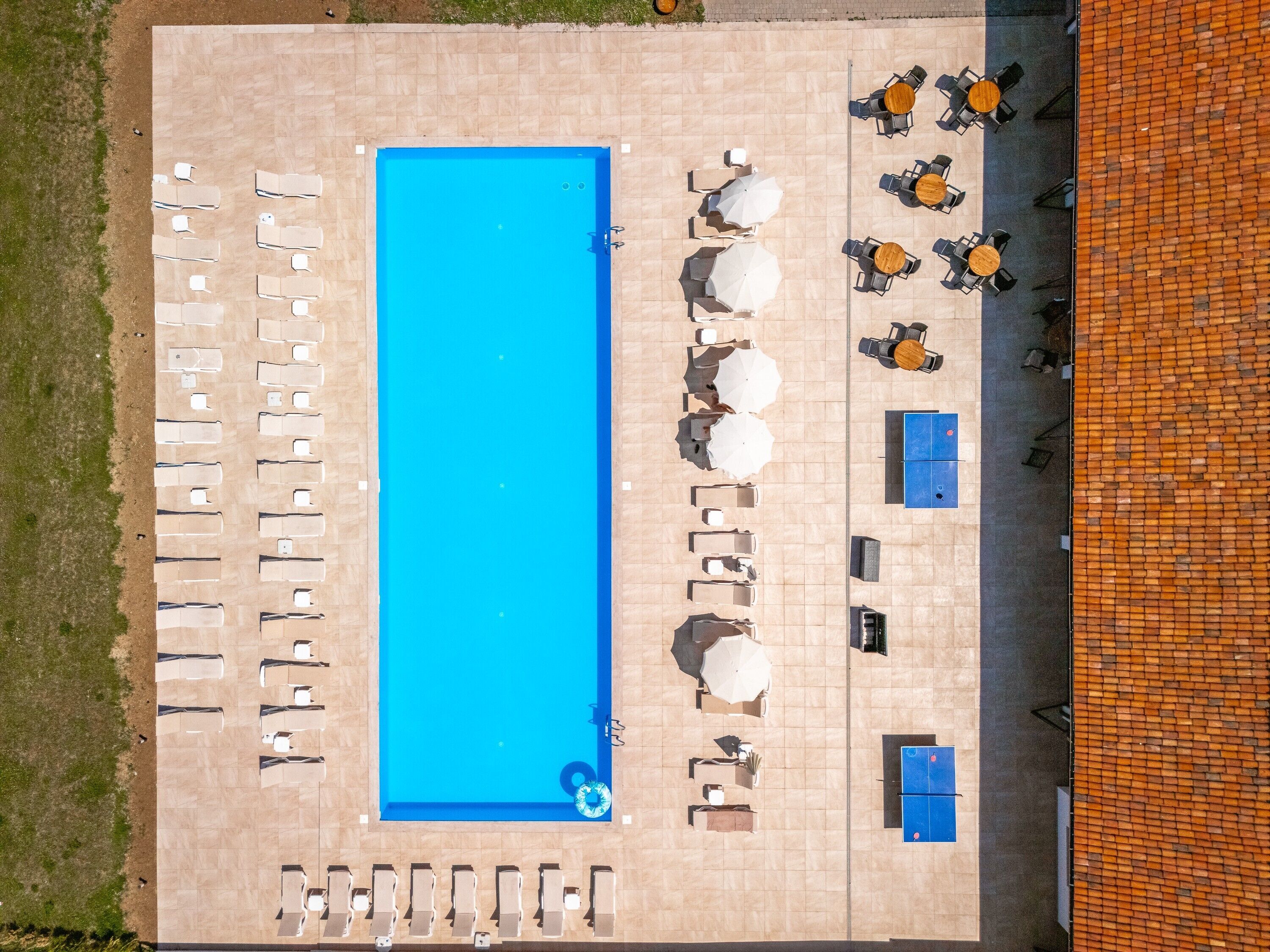 An aerial view of a pool area with sun loungers, umbrellas, and a blue pool.