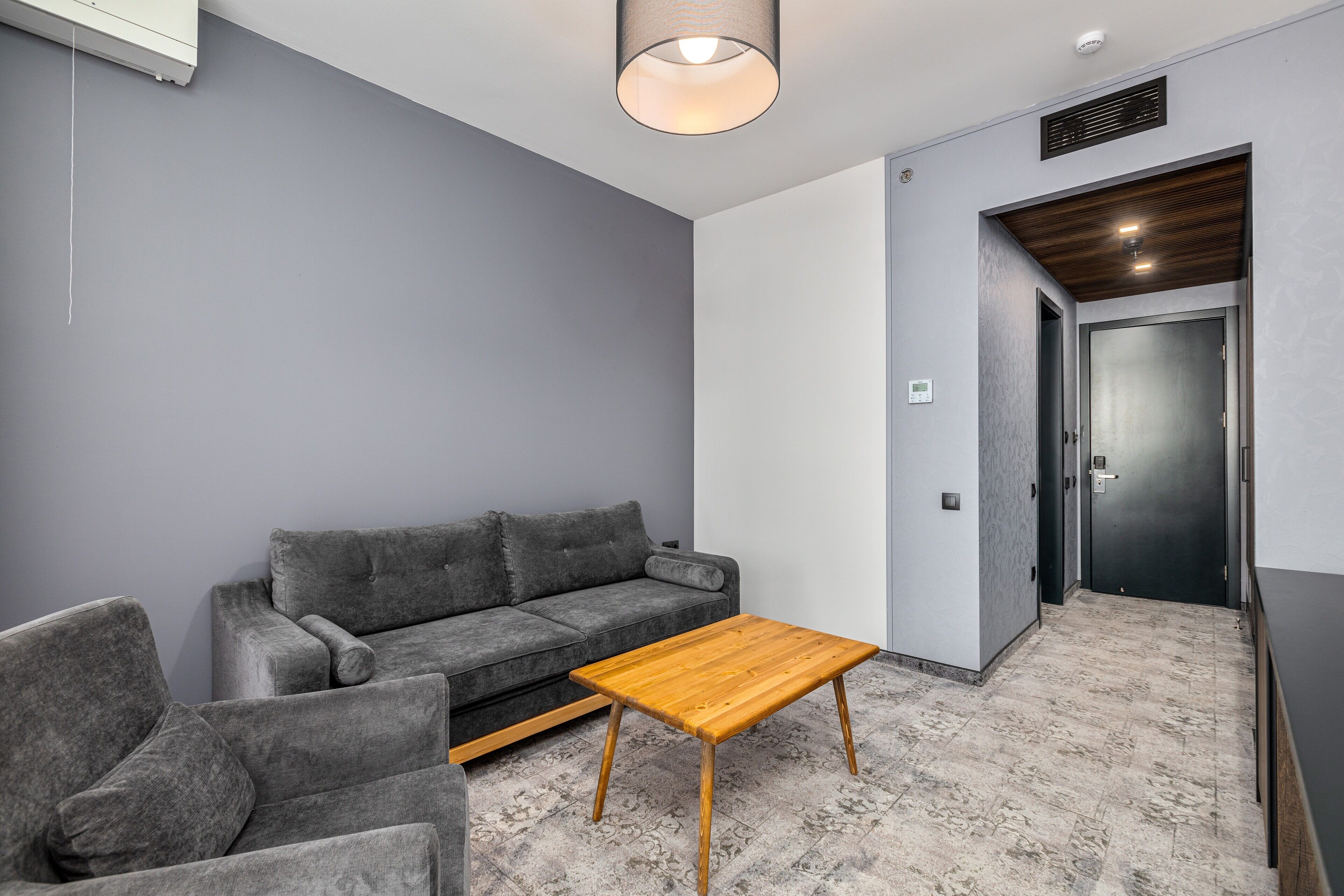 Un salon moderne avec un canapé gris, une table basse en bois et un fauteuil gris.