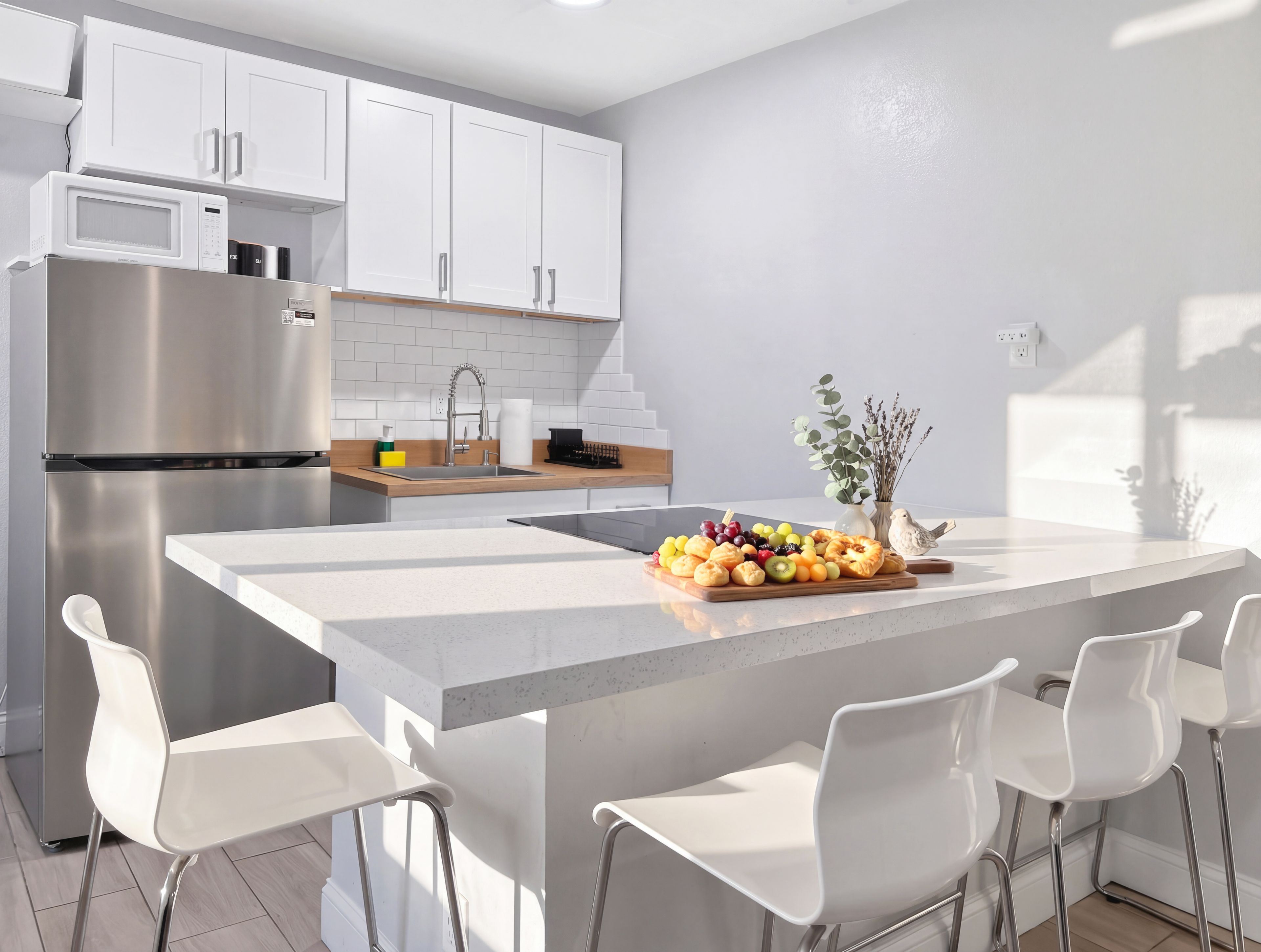 Une cuisine moderne dotée d’un îlot central, de meubles blancs, d’appareils électroménagers en acier inoxydable et d’un plateau de fruits.