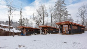A cabin complex with three main buildings, each featuring a wooden exterior and a porch. The surrounding area is covered in snow, and there are trees in the background.