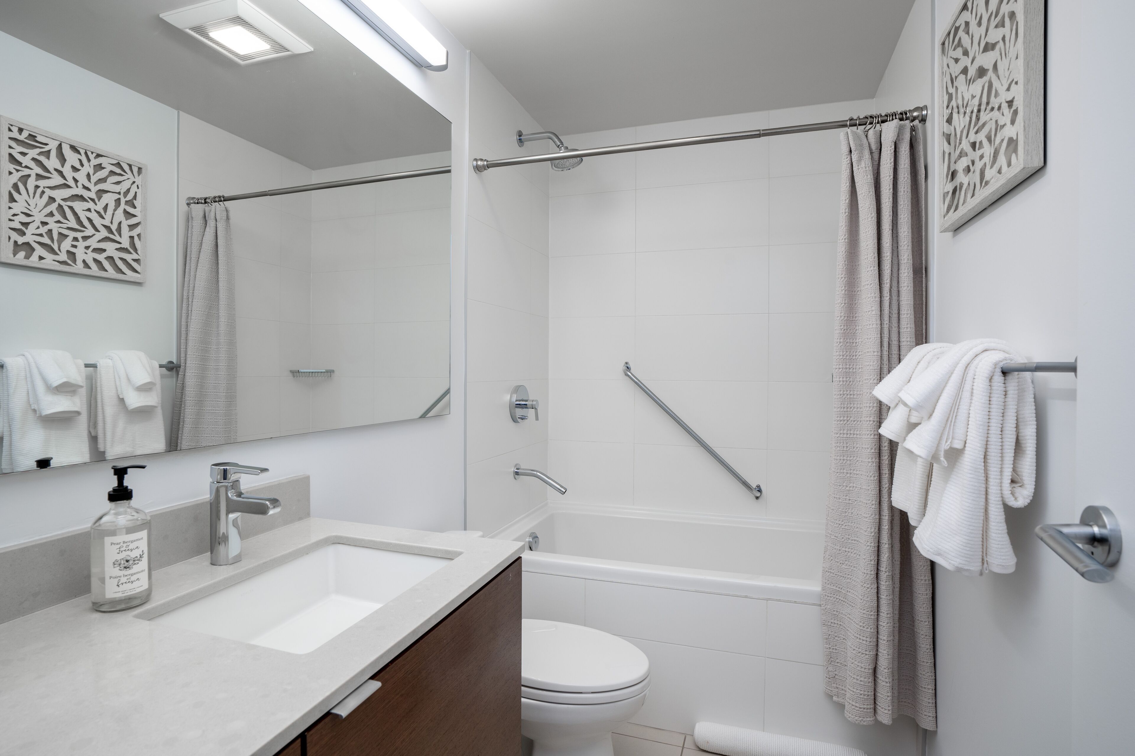 Hair dryer, towels, soap, shampoo