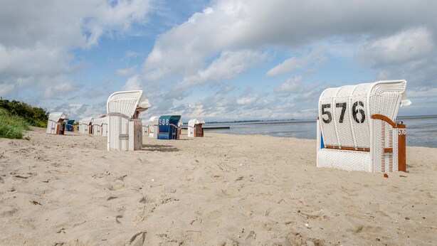 Beach chairs numbered 576 and 578 on a sandy beach with the sea in the background. - Holiday Apartment "Nordsee 1" with Shared Terrace, Shared Garden & Wi-Fi (Wangerland)