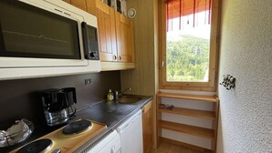 Een compacte keuken met een magnetron, fornuis en spoelbak. Houten kastjes en een raam met uitzicht op groen.