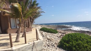 A coastal hotel with a rocky beach, palm trees, and a view of the ocean.