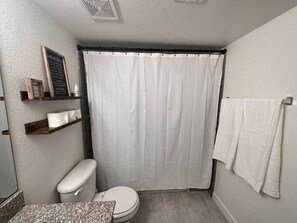 Hair dryer, towels, soap, toilet paper