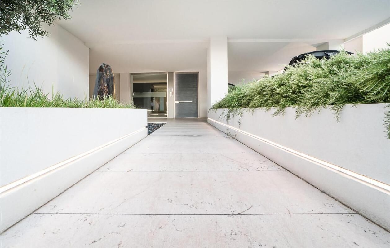 A modern hallway with a concrete floor, white walls, and a planter with green foliage on the right.
