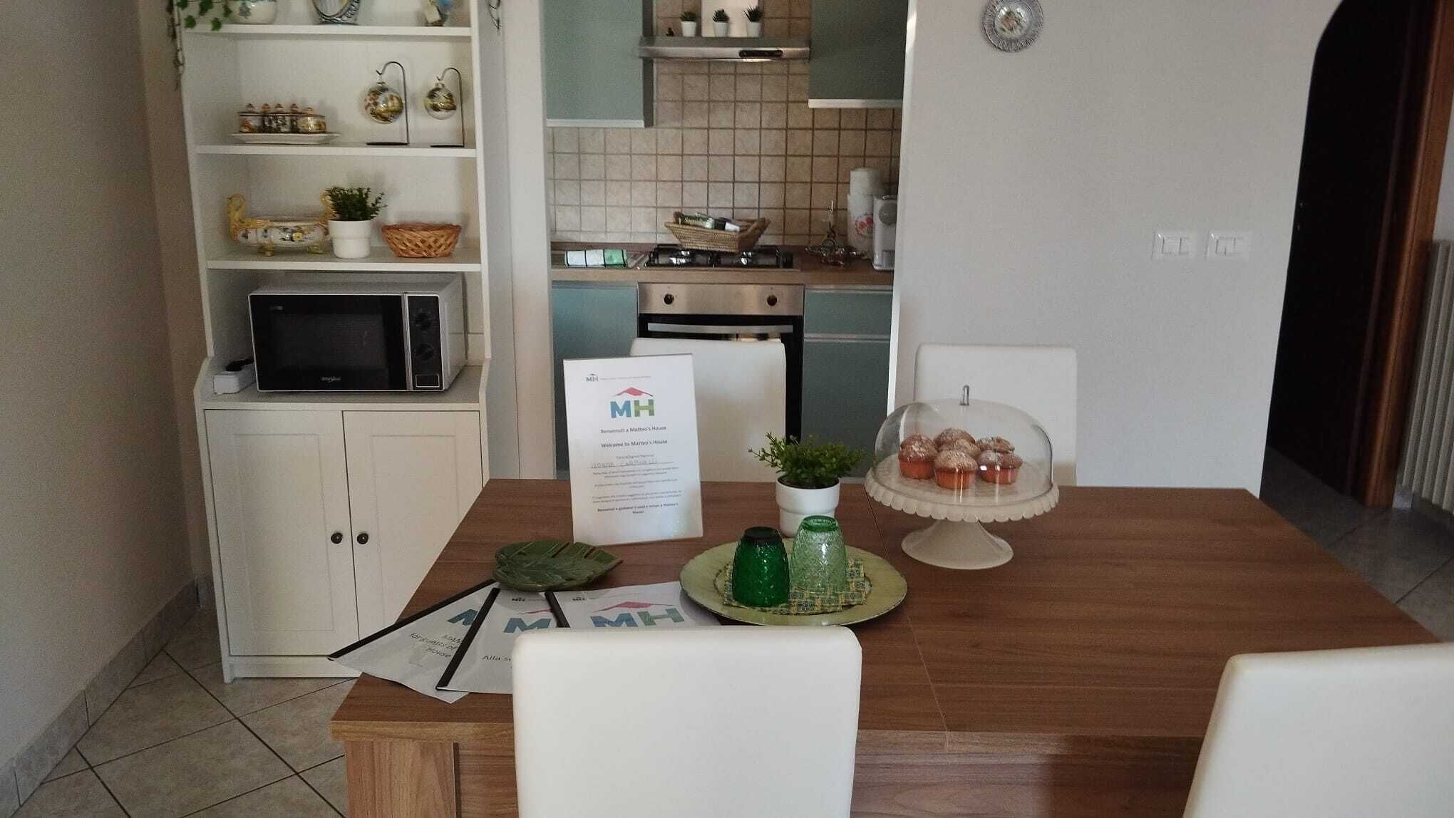 Eine kleine Küche mit Mikrowelle, Herd und einem Schild, das Gäste willkommen heißt. Ein Esstisch mit einem grünen Glas und einem Kuchenständer mit Muffins.