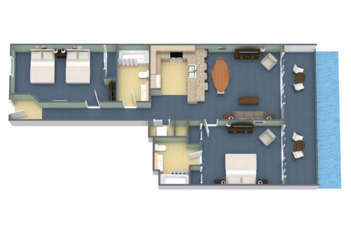 A 2-bedroom suite with a balcony, a kitchenette, a living area, and a bathroom.