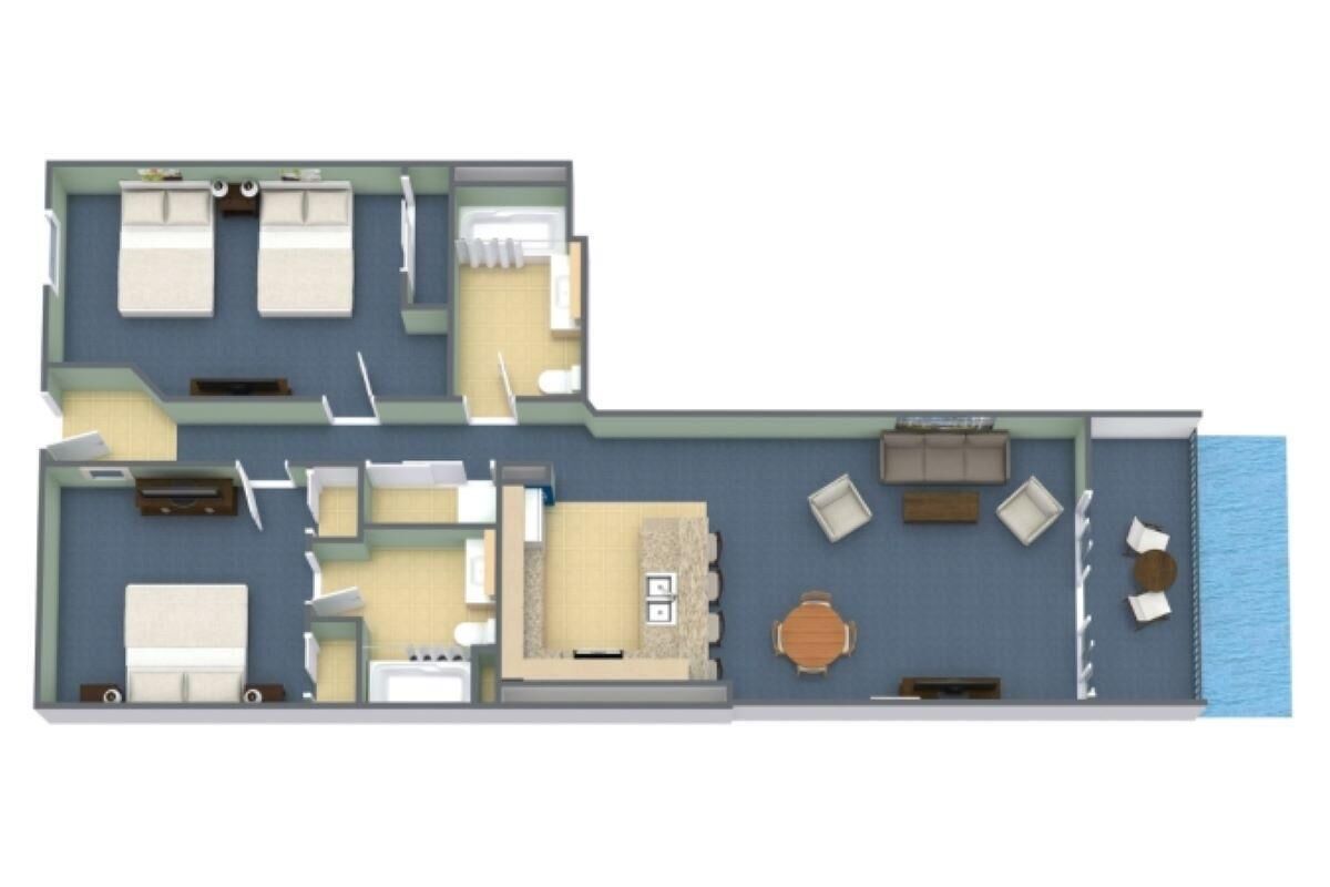 A floor plan of a hotel room with a bathroom, a kitchenette, a living area with a sofa and a dining table, and a view of the sea.