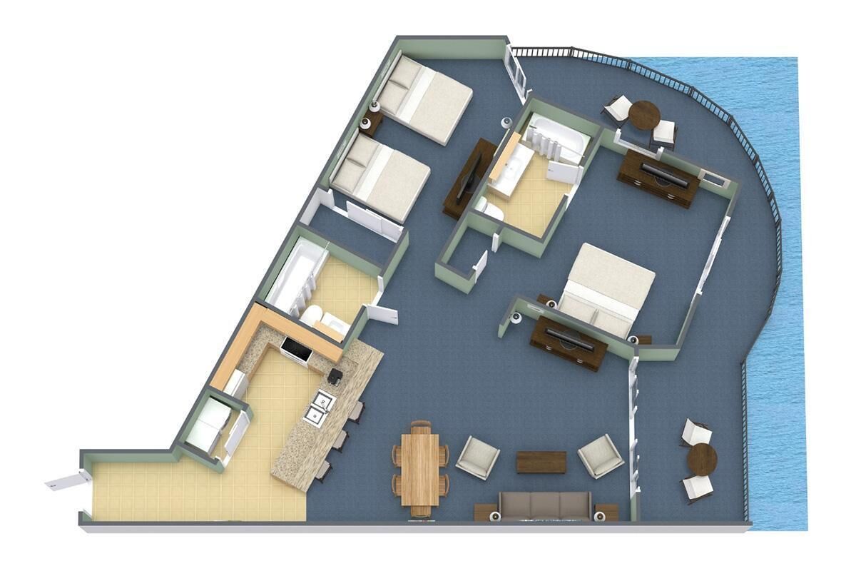 A boat interior with a dining area, two bedrooms, a bathroom, and a small outdoor seating area by the water.