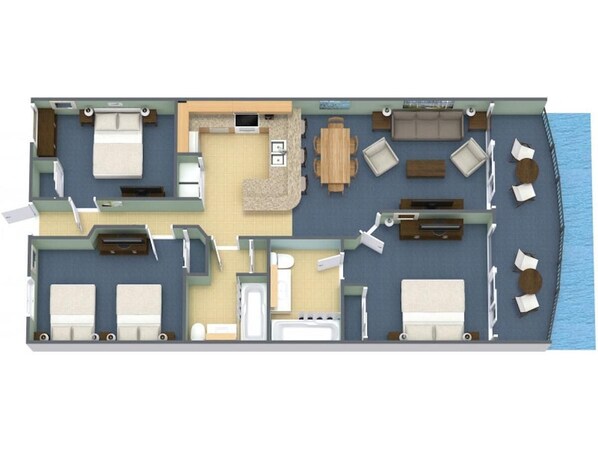 Plan d’une cabine de navire de croisière comprenant un balcon, deux chambres, un espace de vie, un coin repas et une salle de bain.