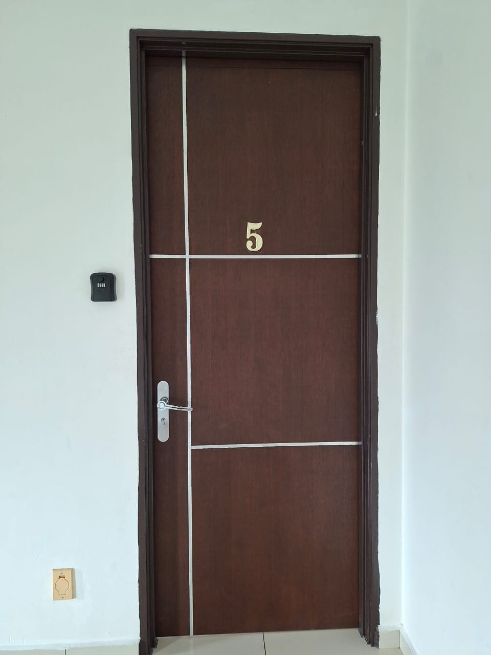 A closed wooden door with a number '5' on it, a door handle, and a small black object on the wall to the left.