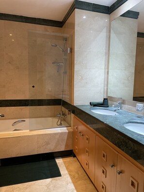 Shower, jetted tub, hair dryer, bidet