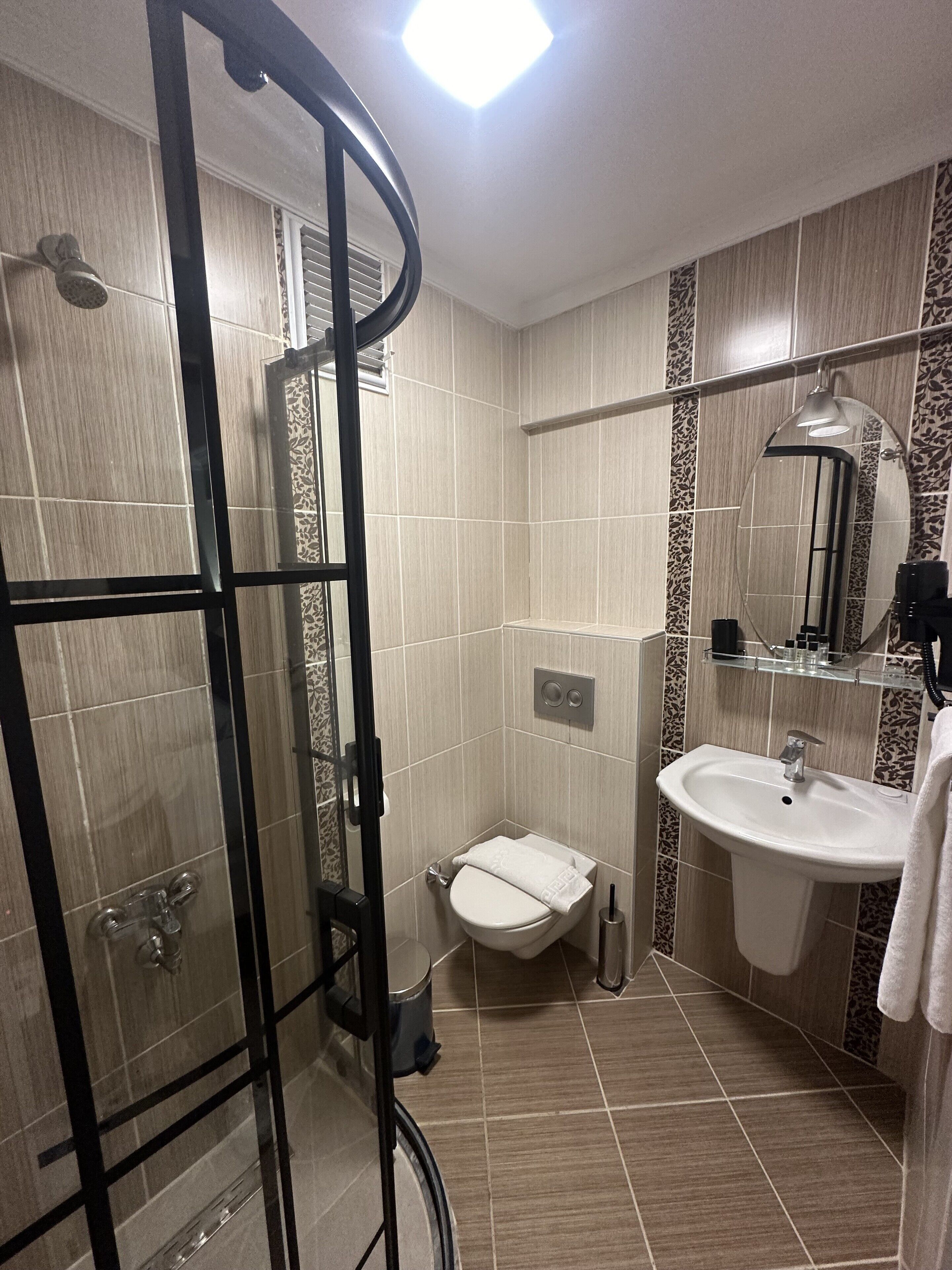 A modern bathroom with a glass shower enclosure, a toilet, and a sink with a mirror above it.
