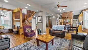 TV, fireplace, books, offices