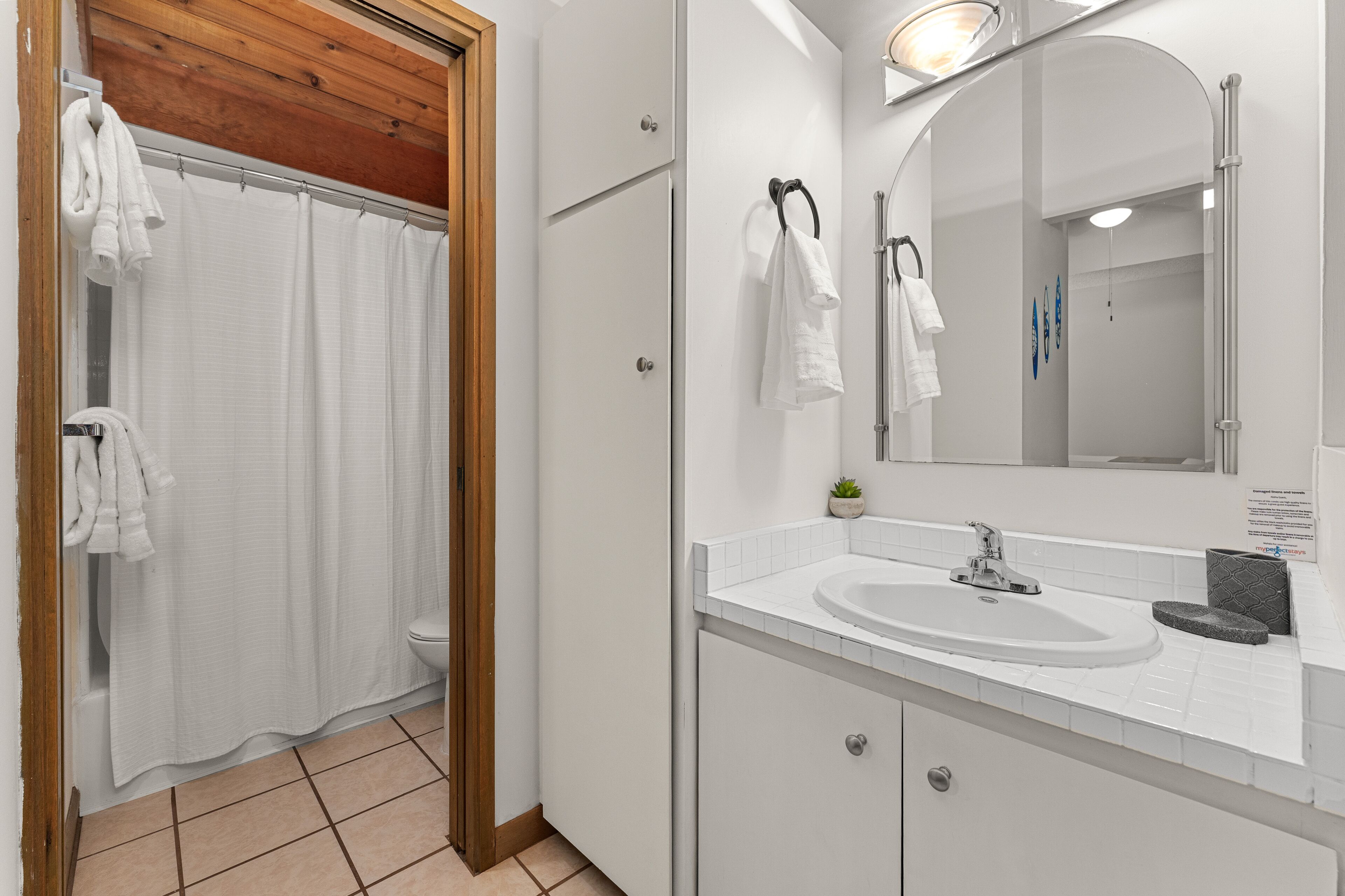 Combined shower/tub, hair dryer, towels