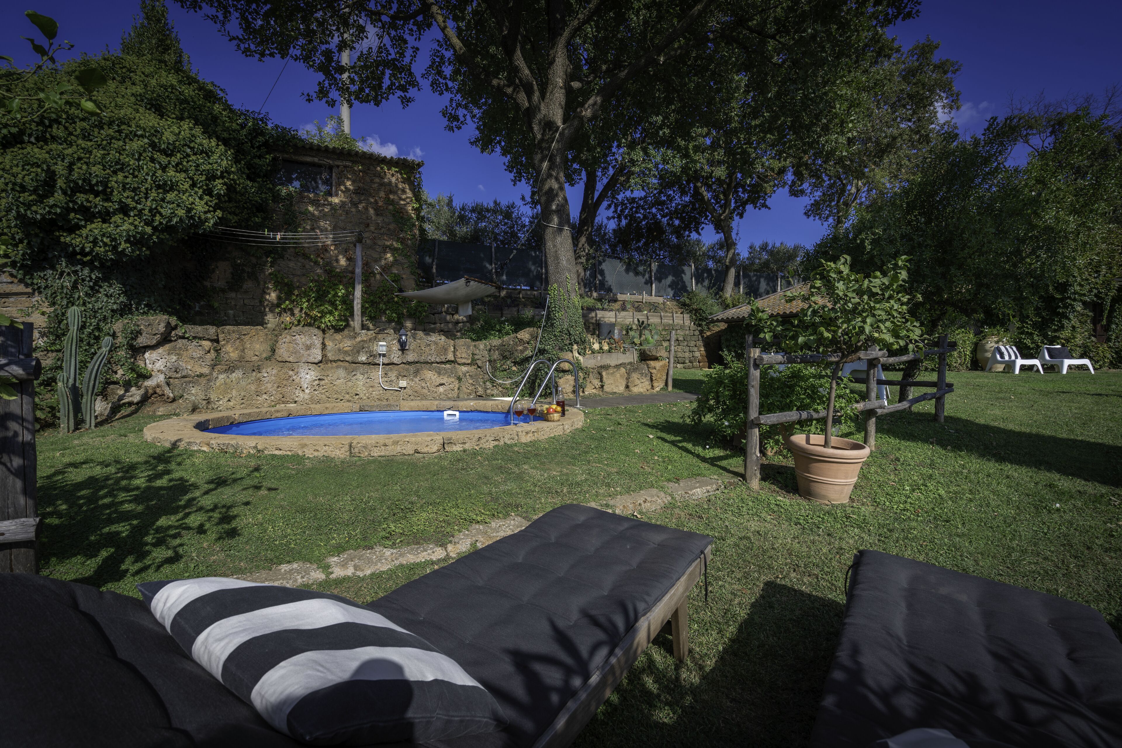 A backyard with a swimming pool, lounge chairs, and a wooden fence.