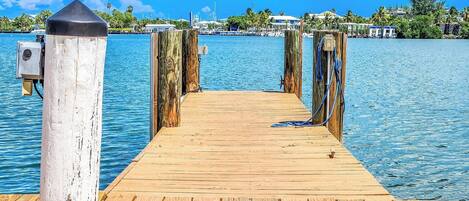 A wooden pier leading into calm waters, with a clear sky and distant buildings.