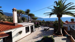 Ein Innenhof mit Pool, Palmen und Blick auf das Meer.