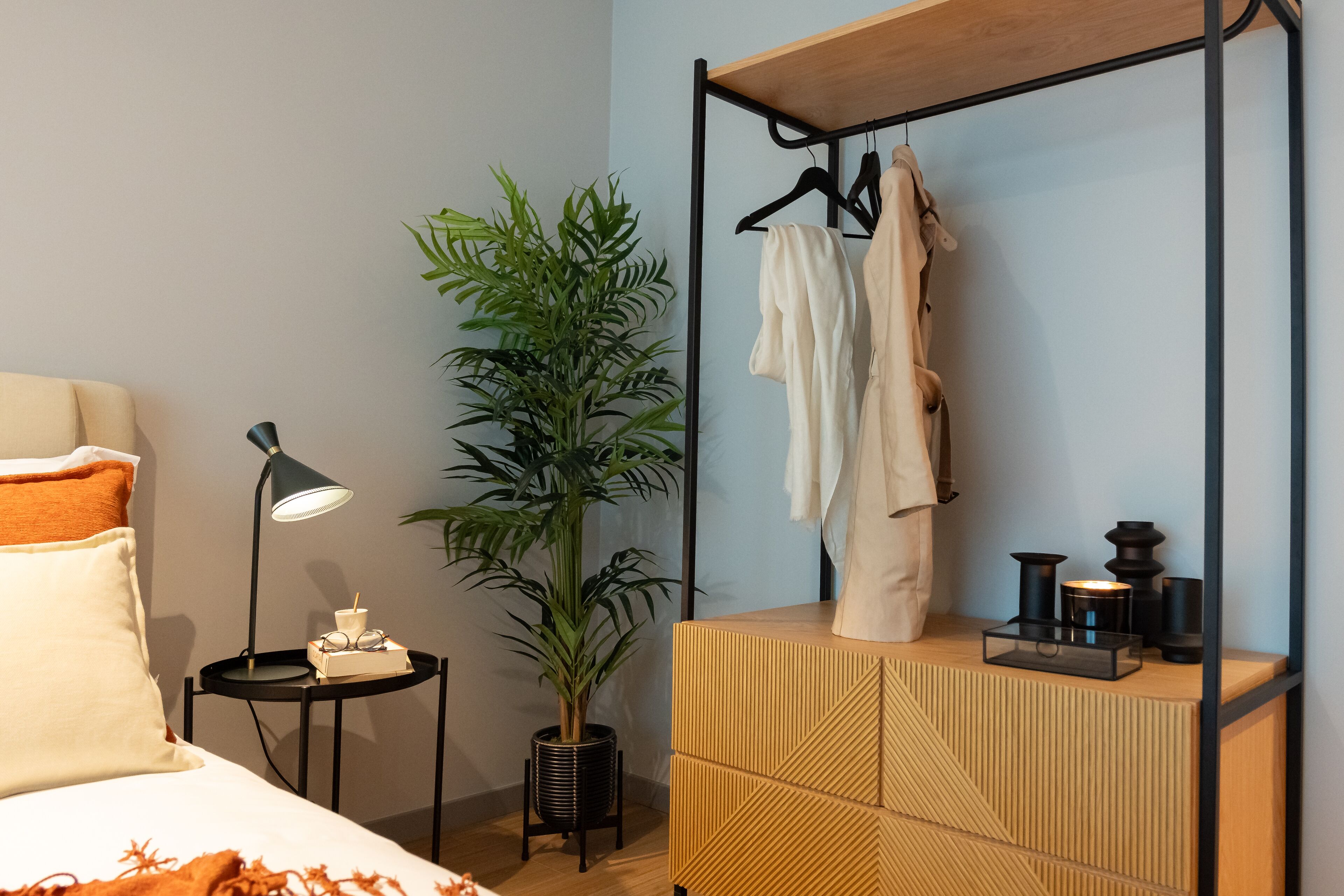 A neatly arranged hotel room with a bed, bedside table, lamp, potted plant, and a wooden dresser with a mirror and hanging clothes.