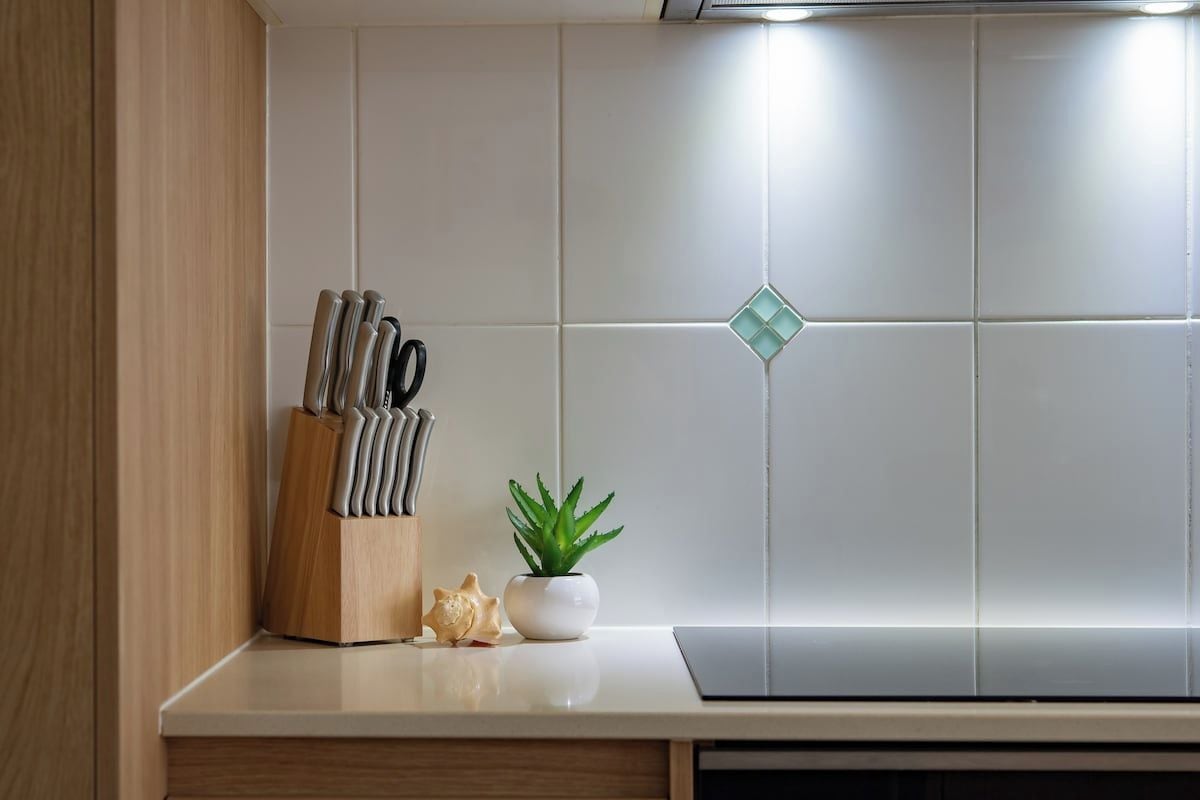 A kitchen counter with a knife block, a potted plant, and a decorative item.