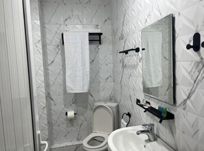 Secadora de cabello, toallas, jabón, papel de baño 