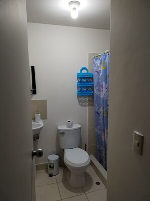 Een douche, handdoeken, zeep, toiletpapier