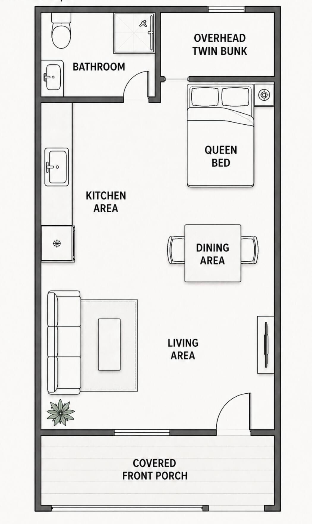 Een plattegrond met een stapelbed voor twee personen boven elkaar, een tweepersoonsbed, een badkamer, een keuken, een eethoek, een zithoek en een overdekte veranda.