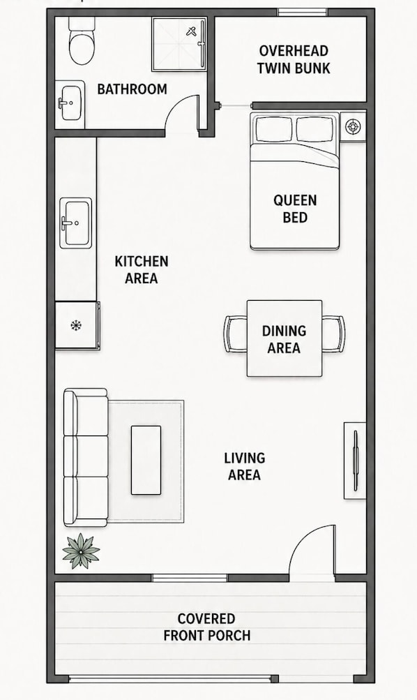 Ein Grundriss mit einem Doppelstockbett, einem Queensize-Bett, einem Badezimmer, einer Küchenzeile, einem Essbereich, einem Wohnbereich und einer überdachten Veranda.