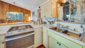 Une cuisine avec des murs en bois, un grand poêle, deux éviers et un luminaire suspendu.