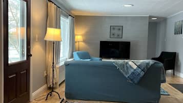 TV connectée, cheminée, livres